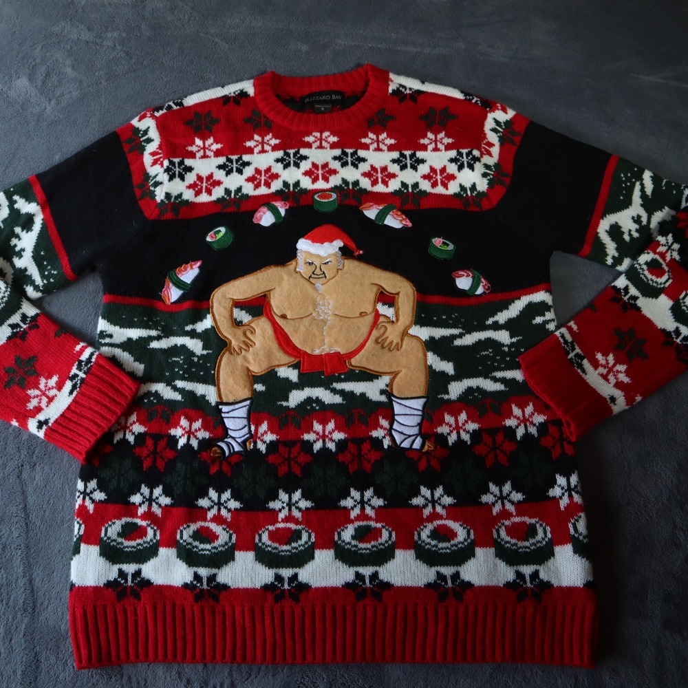 Blizzard Bay Men's Christmas Sweater Sumo Santa Ugly Wrestler in Santa Hat Small